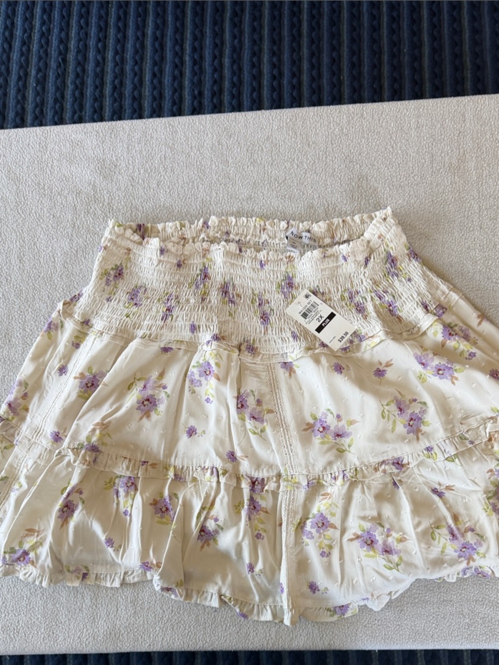 Smocked Waist Tiered Mini Skirt - Cream with Lavender Floral